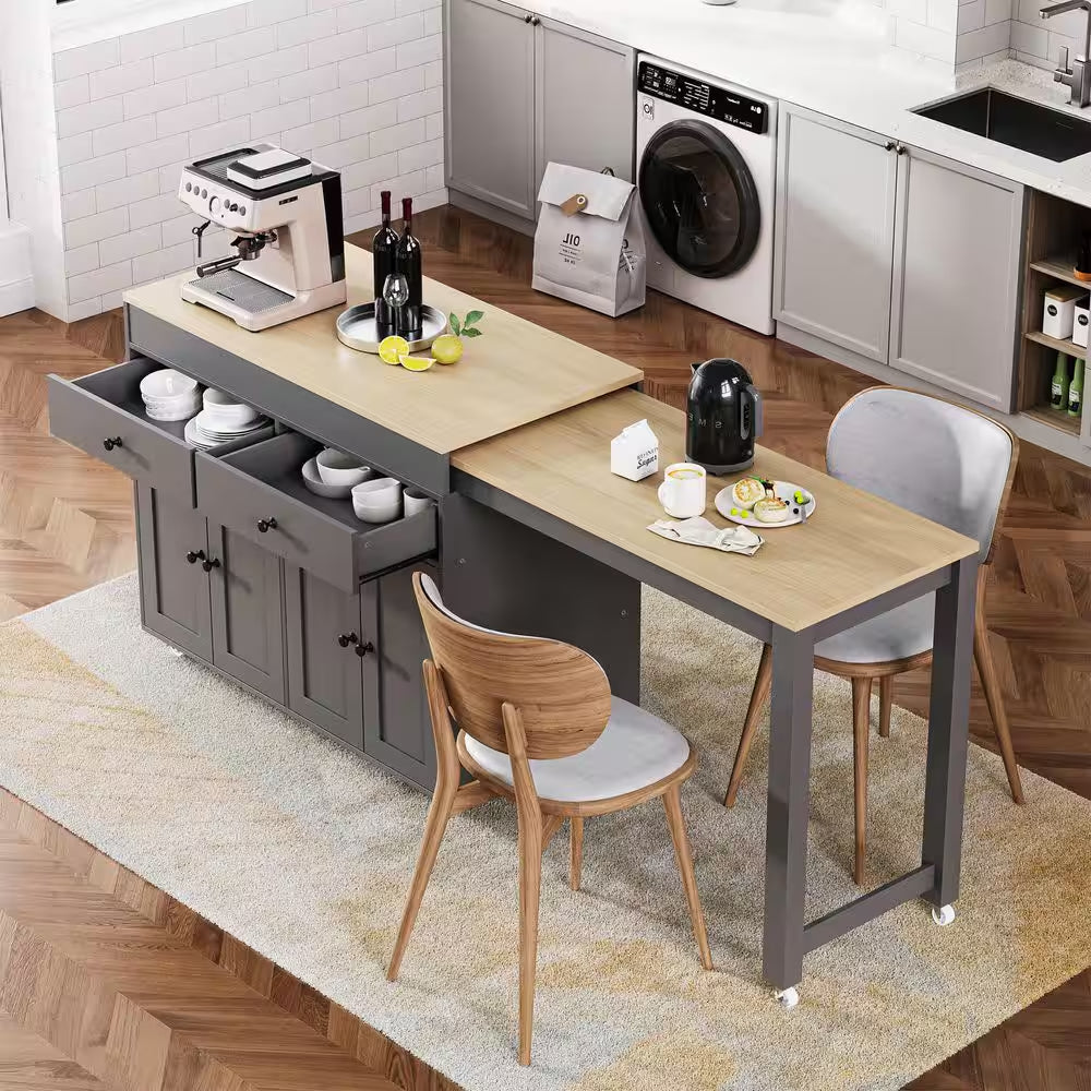 Gray Wood Top 74.5 In. Kitchen Island with Extendable Table, Hidden Wheels, and Ample Storage