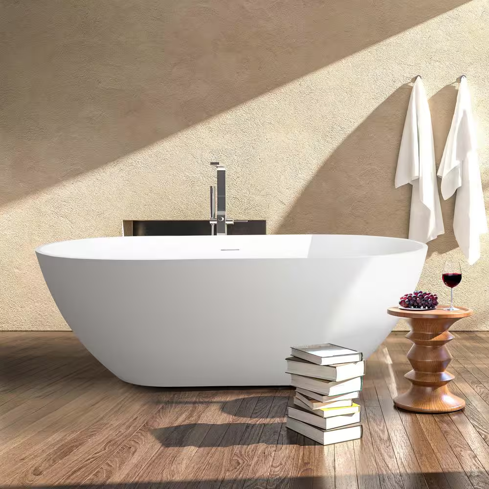 Moray 59 In. X 30 In. Solid Surface Stone Resin Flatbottom Freestanding Double Slipper Soaking Bathtub in Matte White