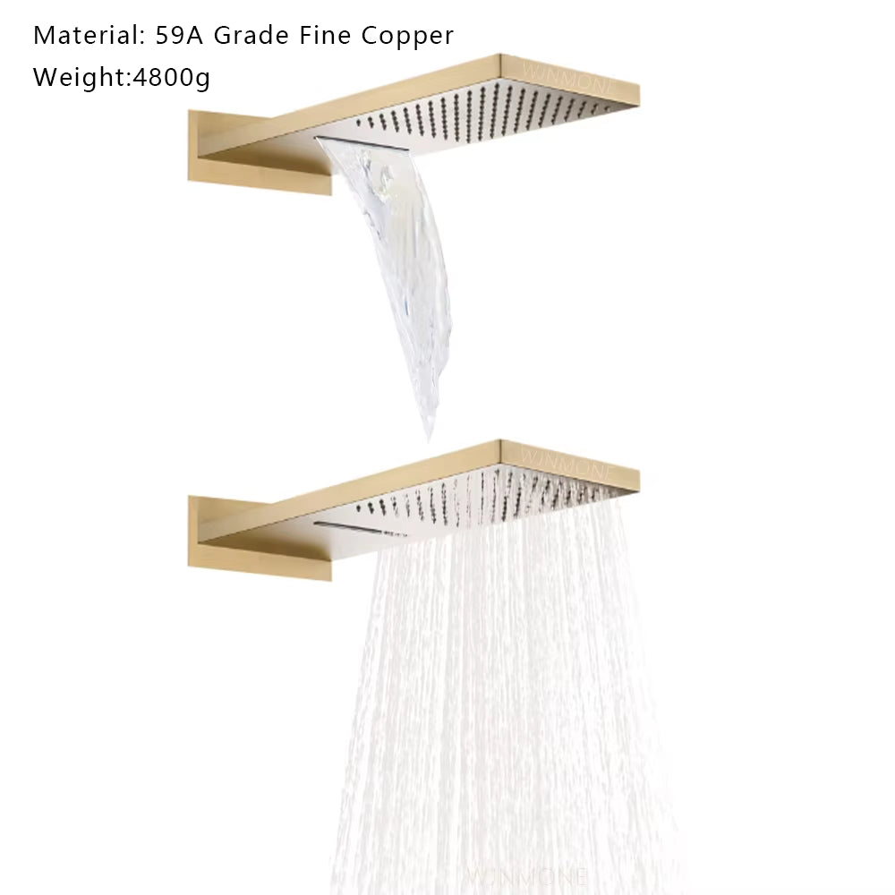 Gray Hidden Shower System Bathroom Full Copper Shower Faucet Set Waterfall Embedded Shower Tap Rainfall Concealed Mixer Crane