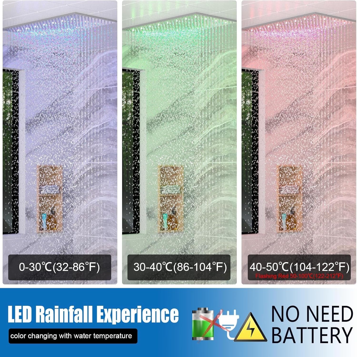 Luxury 15.7X31.5Inch LED Rainfall Shower Multi Shower Head Thermostatic Shower System with Body Spray, Chrome