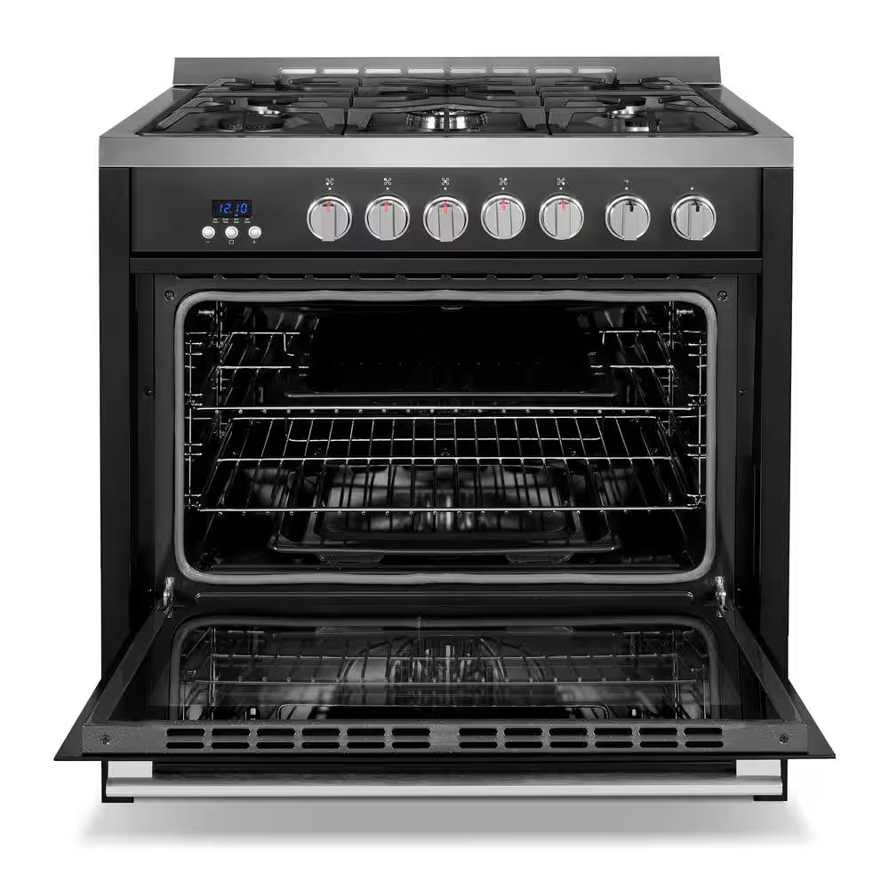 36 In. Nebula Collection 3.8 Cu. Ft. Gas Range, 5 Burners, Rapid Convection Oven, Cast Iron Grates in Matte Black