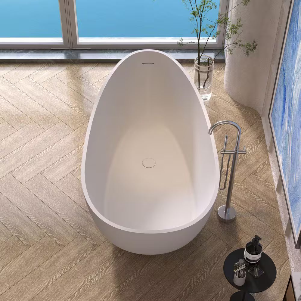 Foyil 59 In. X 31 In. Solid Surface Stone Resin Flatbottom Freestanding Bathtub Soaking Bathtub in Matte White