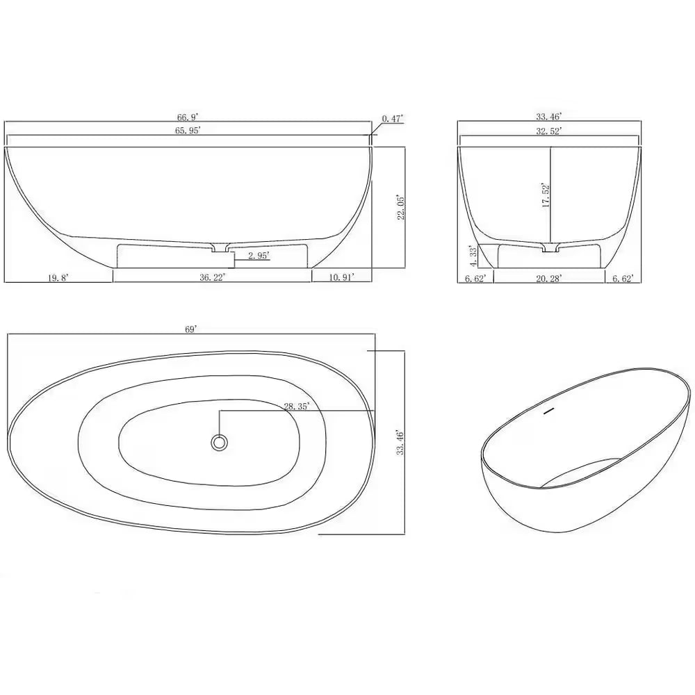 67 In. Stone Resin Solid Surface Matte Flatbottom Freestanding Bathtub Soaking Tub in White