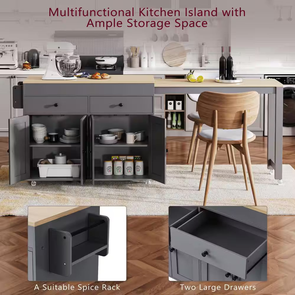 Gray Wood Top 74.5 In. Kitchen Island with Extendable Table, Hidden Wheels, and Ample Storage
