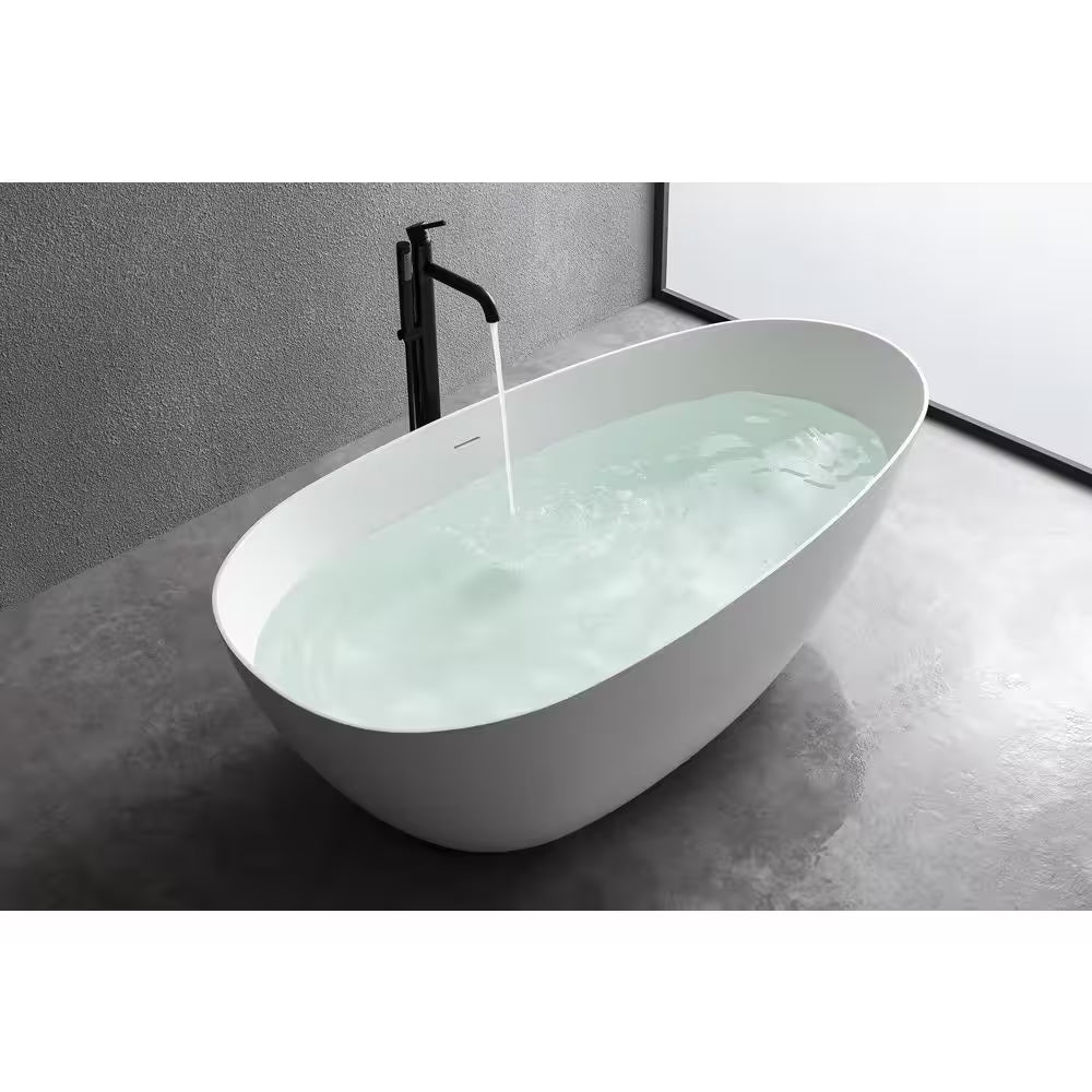 67 In. Stone Resin Solid Surface Matte Flatbottom Freestanding Bathtub Soaking Tub in White