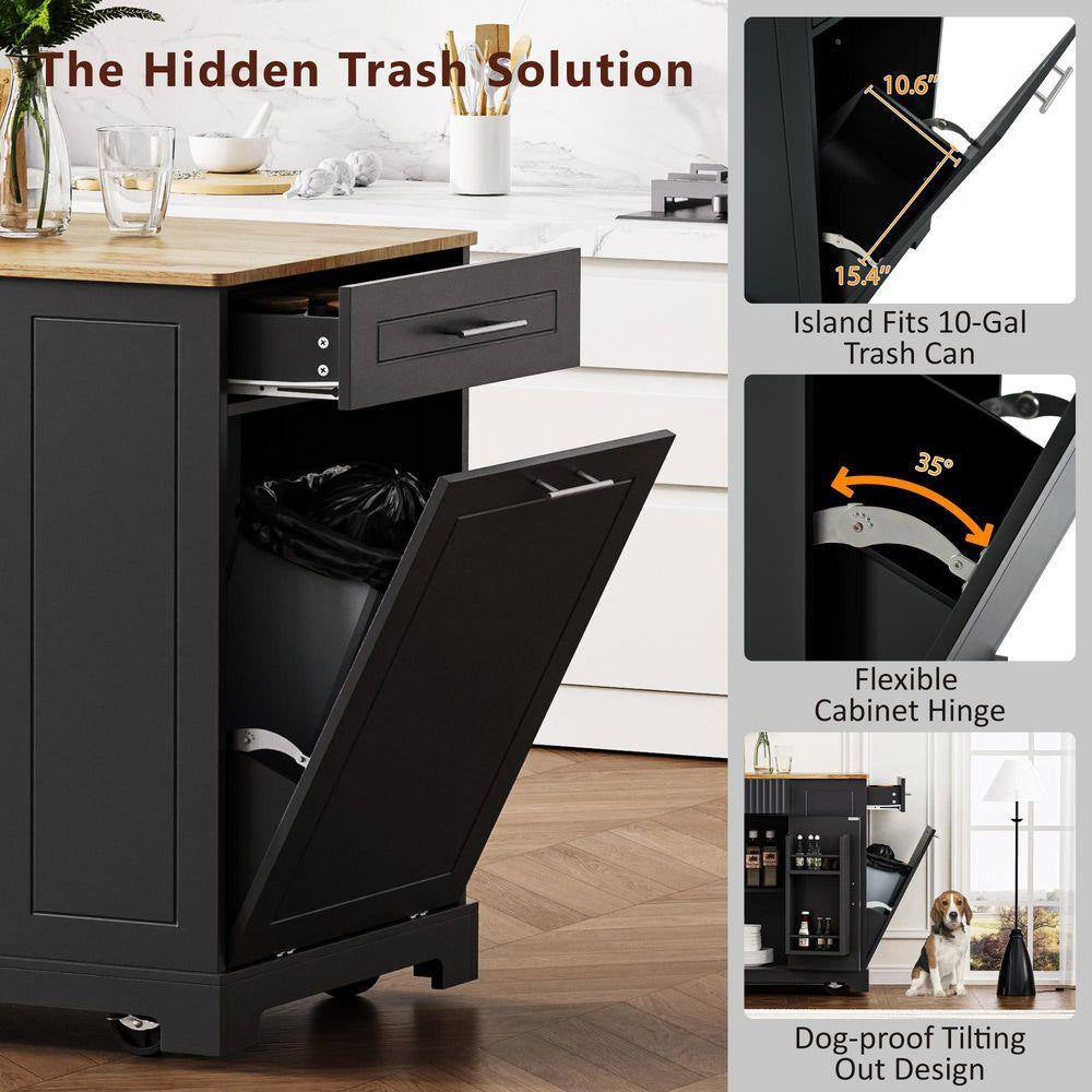 Black Wood 48.5 In. Kitchen Island with 2 AC Outlets, 1 USB Port, and 1 Type-C, Kitchen Cart with 3 Open Side Rack