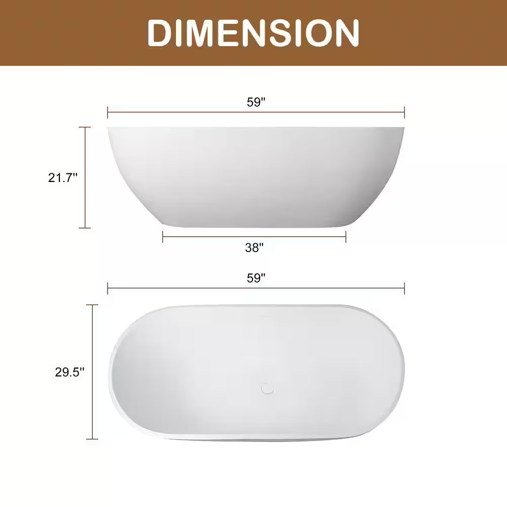 59 In. Stone Resin Flatbottom Solid Surface Freestanding Double Slipper Soaking Bathtub in White with Brass Drain