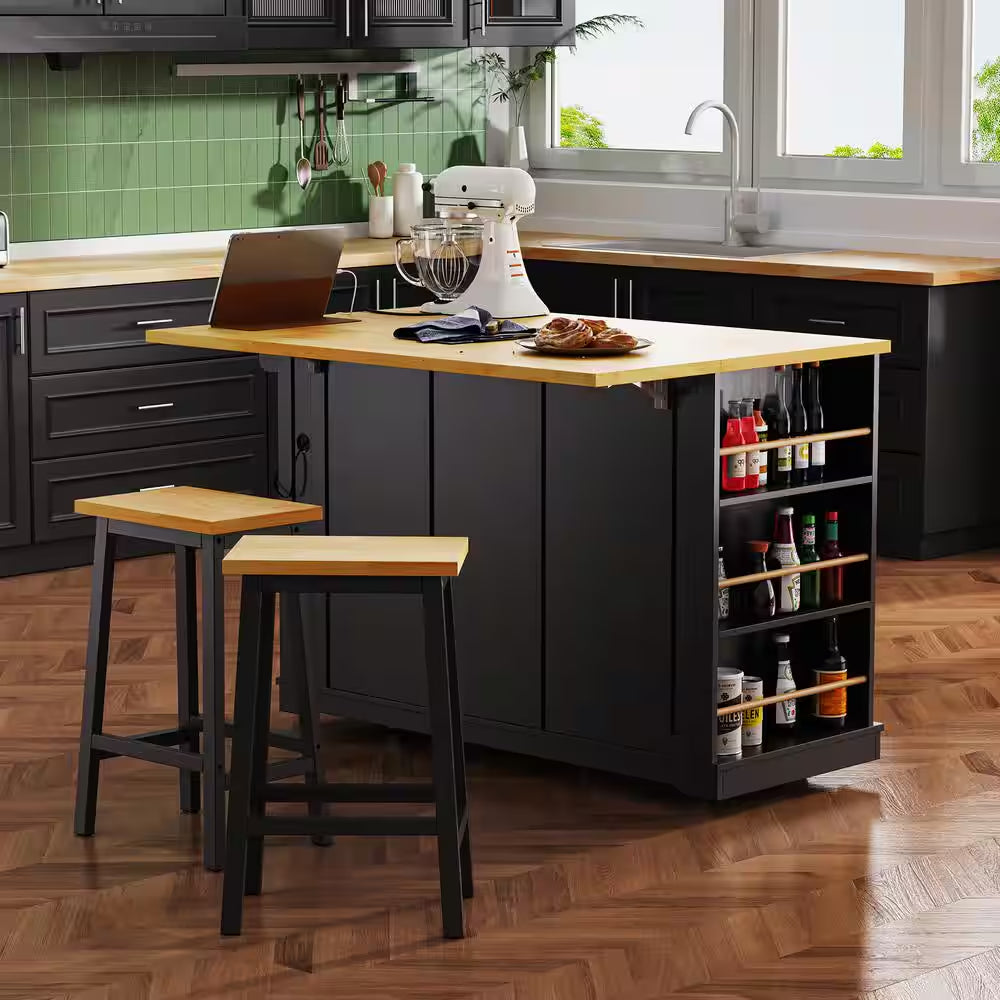 Black Wood 53 In. W Large Rolling Kitchen Island Set with Two Bar Stools