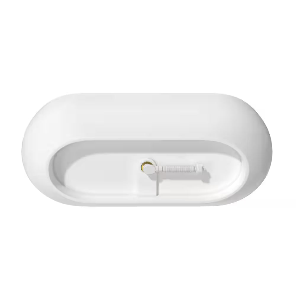 59 In. Stone Resin Flatbottom Solid Surface Freestanding Double Slipper Soaking Bathtub in White with Brass Drain