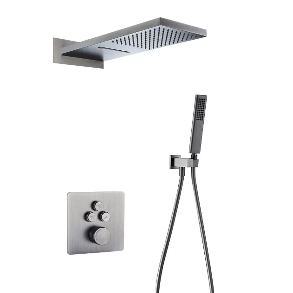 Gray Hidden Shower System Bathroom Full Copper Shower Faucet Set Waterfall Embedded Shower Tap Rainfall Concealed Mixer Crane