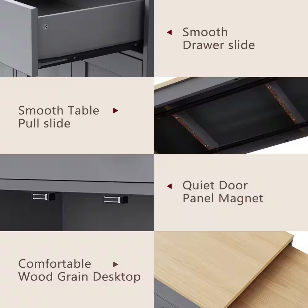 Gray Wood Top 74.5 In. Kitchen Island with Extendable Table, Hidden Wheels, and Ample Storage