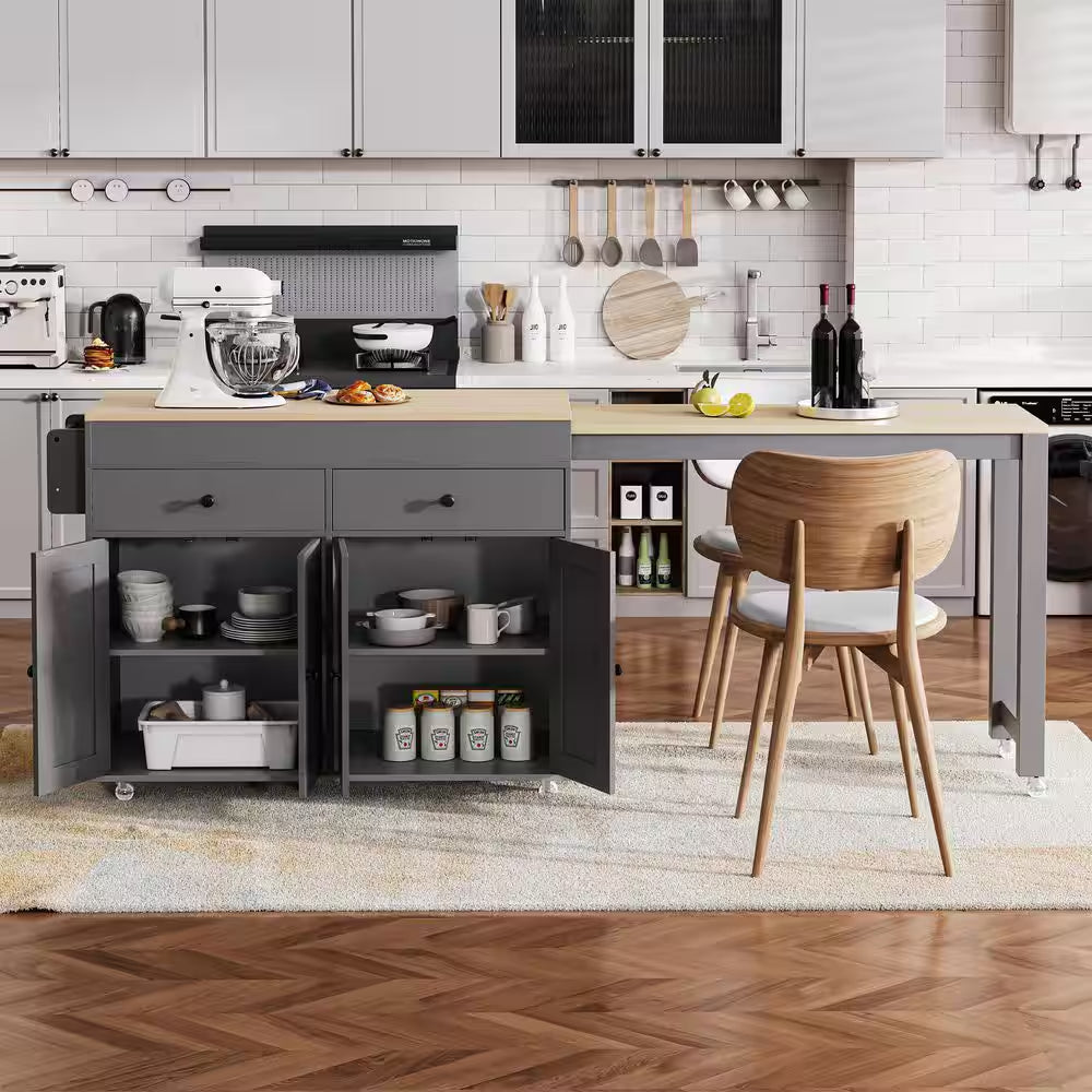 Gray Wood Top 74.5 In. Kitchen Island with Extendable Table, Hidden Wheels, and Ample Storage
