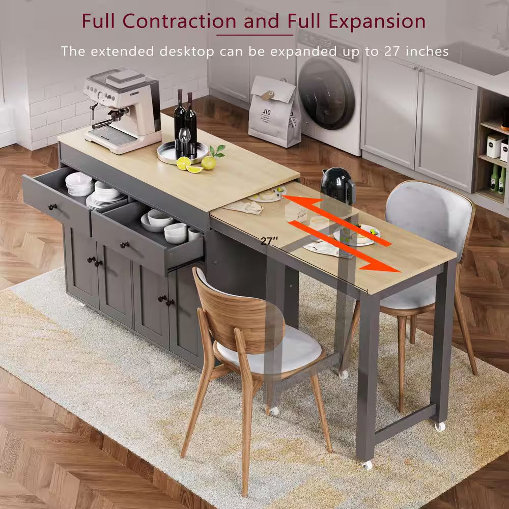 Gray Wood Top 74.5 In. Kitchen Island with Extendable Table, Hidden Wheels, and Ample Storage