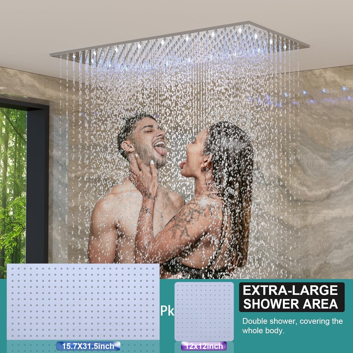 Luxury 15.7X31.5Inch LED Rainfall Shower Multi Shower Head Thermostatic Shower System with Body Spray, Chrome