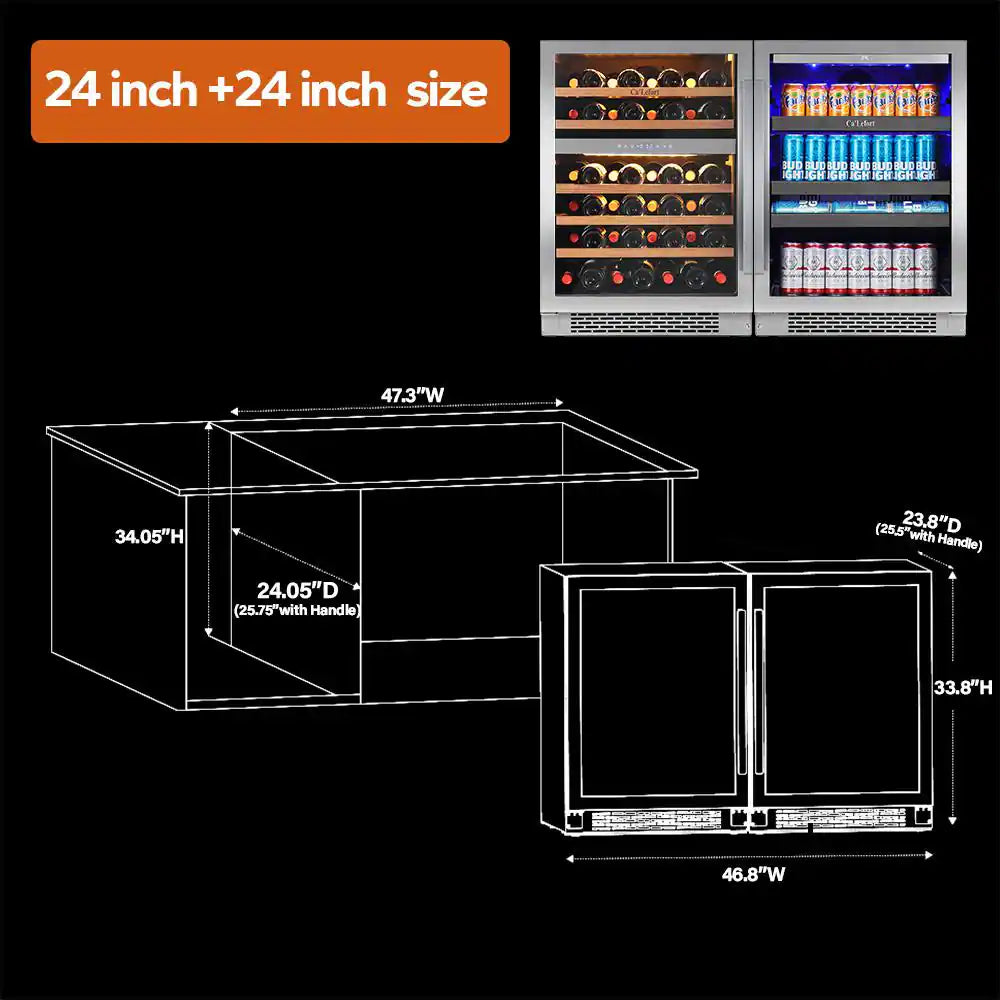 48 In. Triple Zone 46-Wine Bottles and 220-Cans Beverage and Wine Cooler Side-By-Side Refrigerator Frost Free in Black