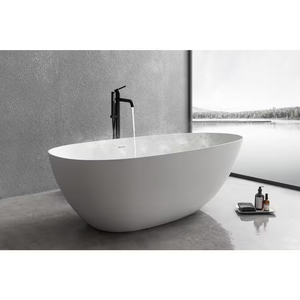67 In. Stone Resin Solid Surface Matte Flatbottom Freestanding Bathtub Soaking Tub in White