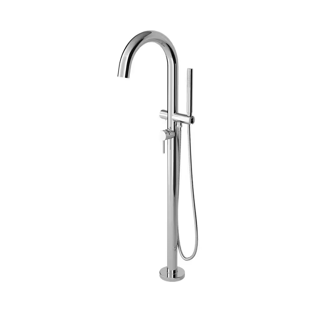 Contemporary round 1-Handle Freestanding Roman Tub Faucet for Flash Rough-In Valve with Hand Shower in Polished Chrome