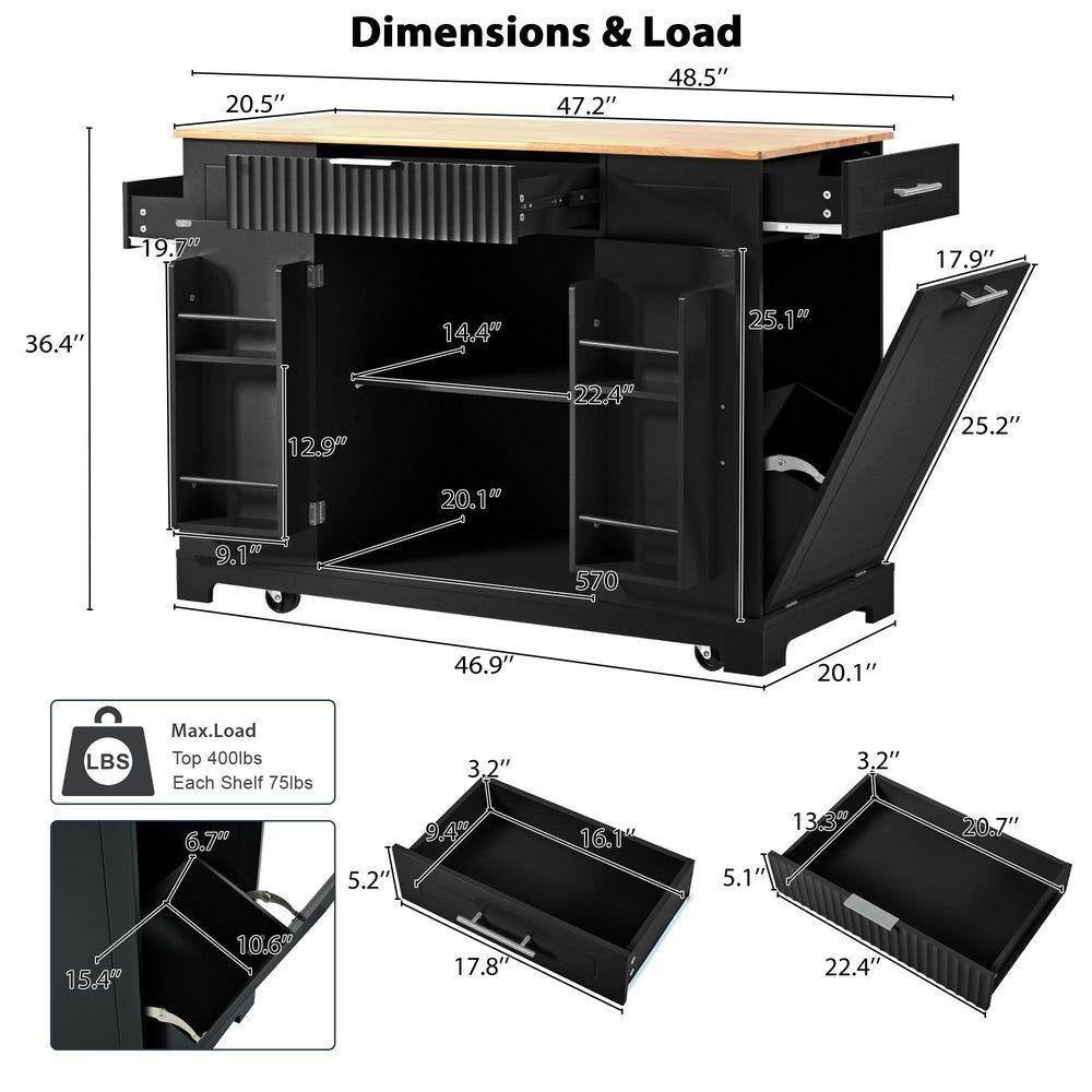 Black Wood 48.5 In. Kitchen Island with 2 AC Outlets, 1 USB Port, and 1 Type-C, Kitchen Cart with 3 Open Side Rack