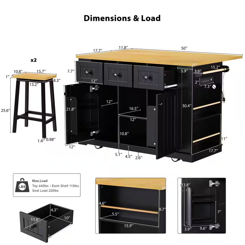 Black Wood 53 In. W Large Rolling Kitchen Island Set with Two Bar Stools