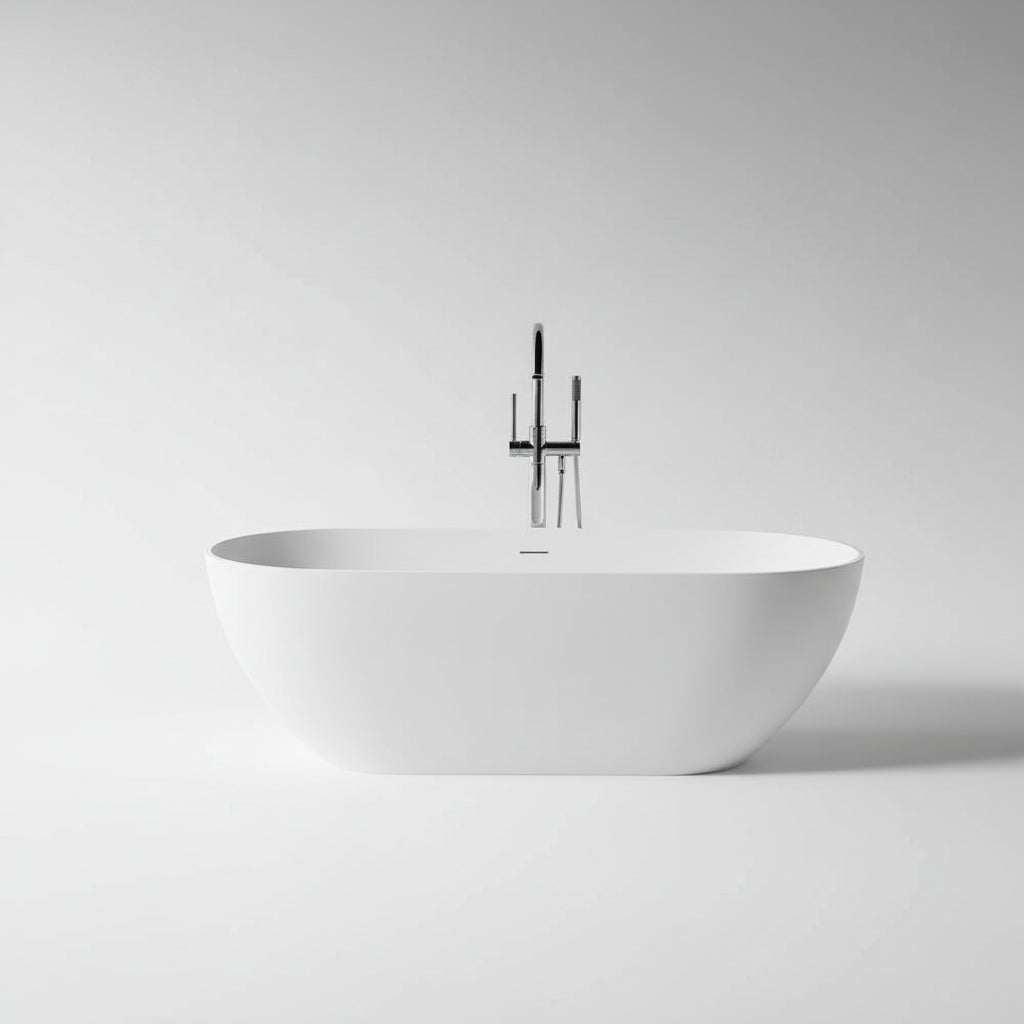 59 In. Stone Resin Flatbottom Solid Surface Freestanding Double Slipper Soaking Bathtub in White with Brass Drain