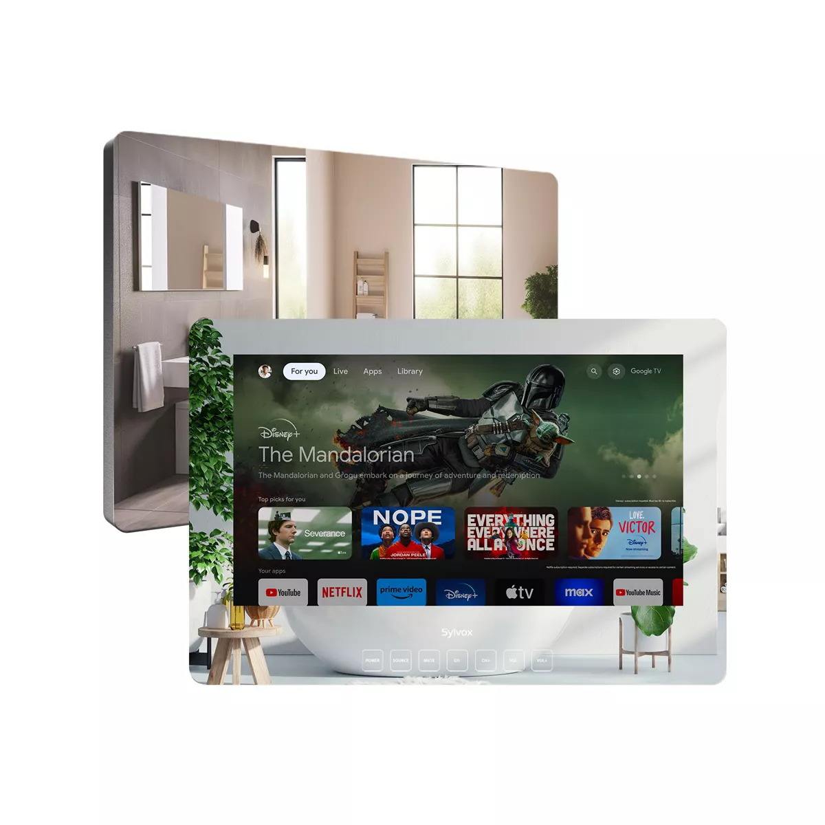 SYLVOX 32" Smart Mirror TV for Bathroom, 1080P Newest Google TV Support Google Assistant, IP65 Waterproof TV for Bathroom Shower & SPA (Wall Mount)