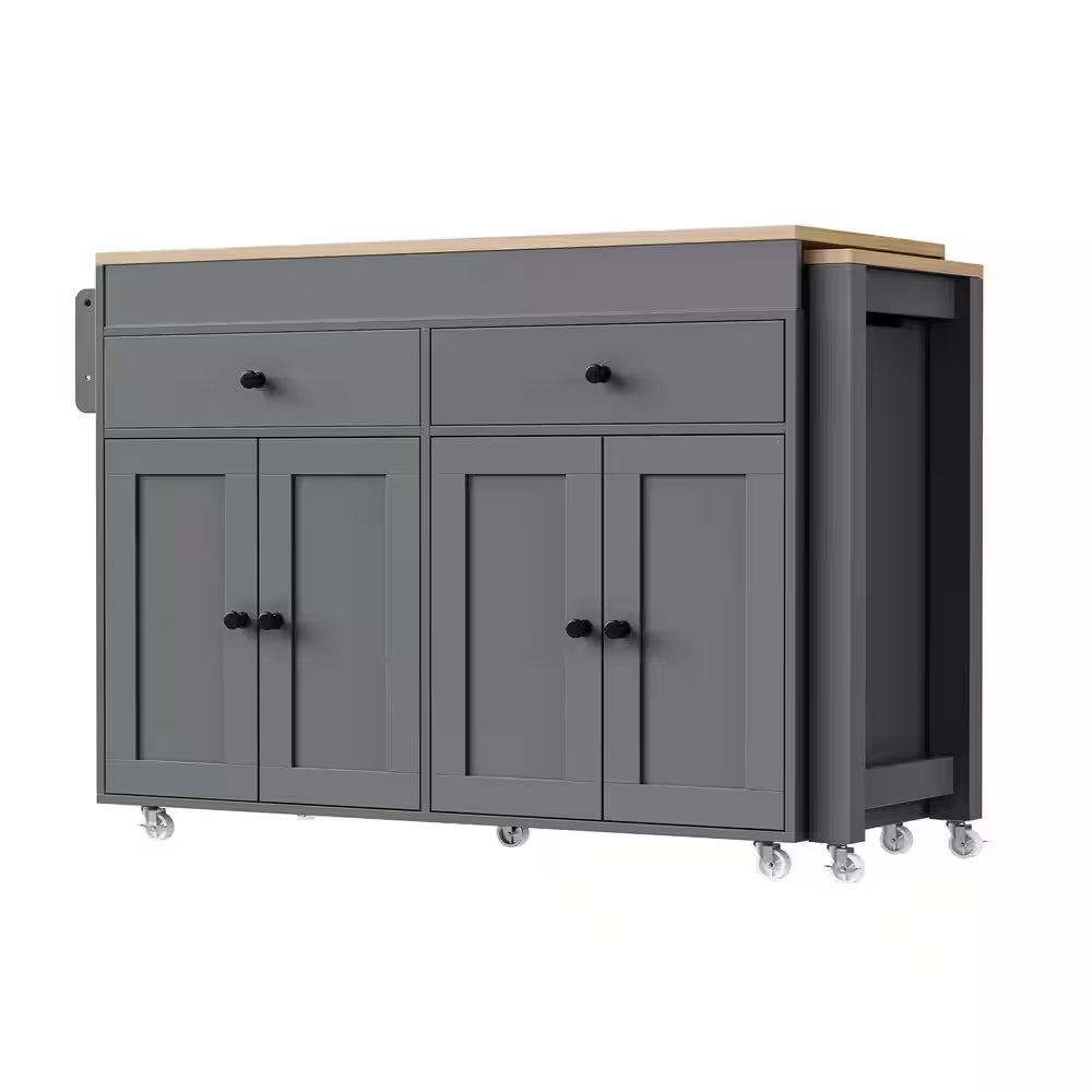 Gray Wood Top 74.5 In. Kitchen Island with Extendable Table, Hidden Wheels, and Ample Storage