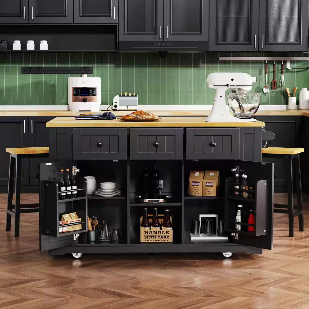 Black Wood 53 In. W Large Rolling Kitchen Island Set with Two Bar Stools