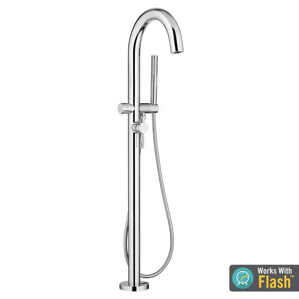 Contemporary round 1-Handle Freestanding Roman Tub Faucet for Flash Rough-In Valve with Hand Shower in Polished Chrome