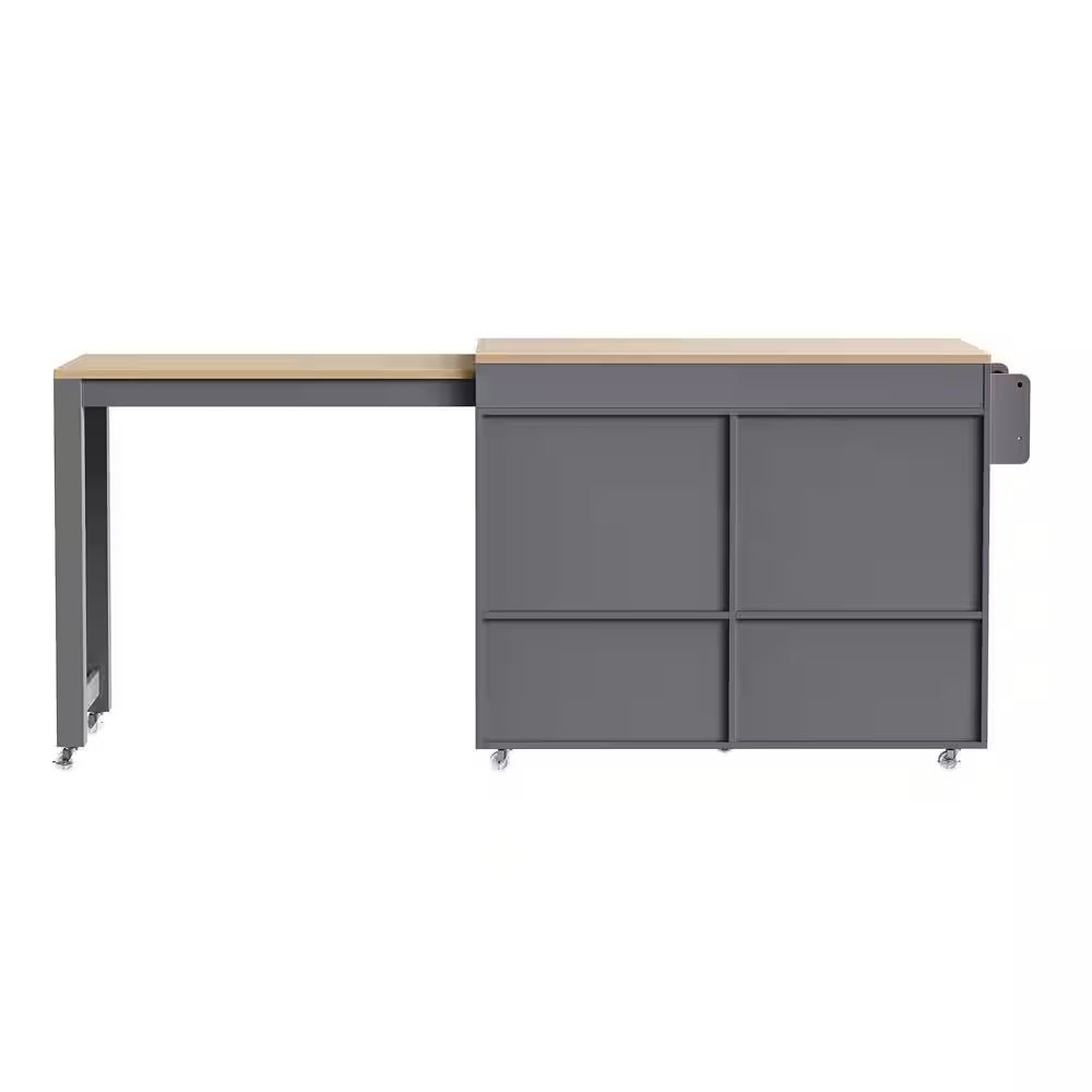 Gray Wood Top 74.5 In. Kitchen Island with Extendable Table, Hidden Wheels, and Ample Storage