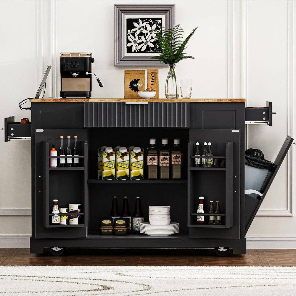 Black Wood 48.5 In. Kitchen Island with 2 AC Outlets, 1 USB Port, and 1 Type-C, Kitchen Cart with 3 Open Side Rack