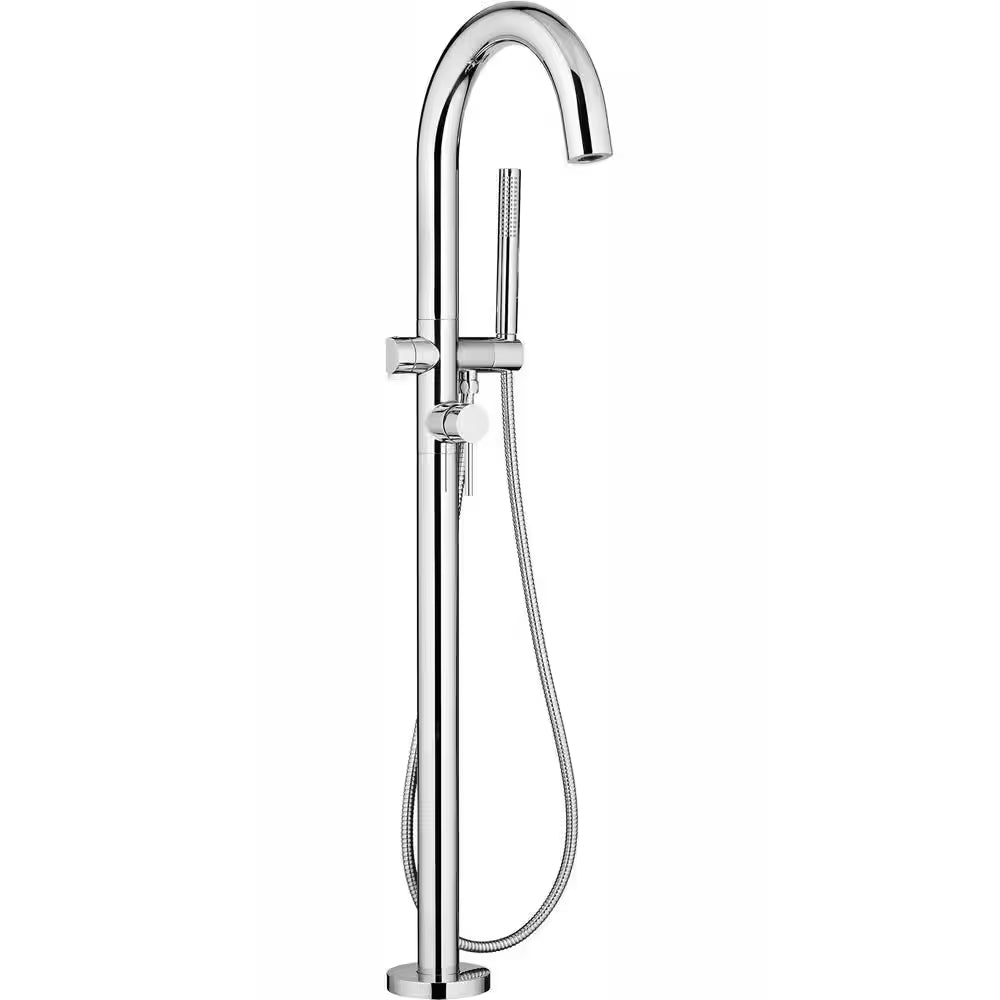 Contemporary round 1-Handle Freestanding Roman Tub Faucet for Flash Rough-In Valve with Hand Shower in Polished Chrome