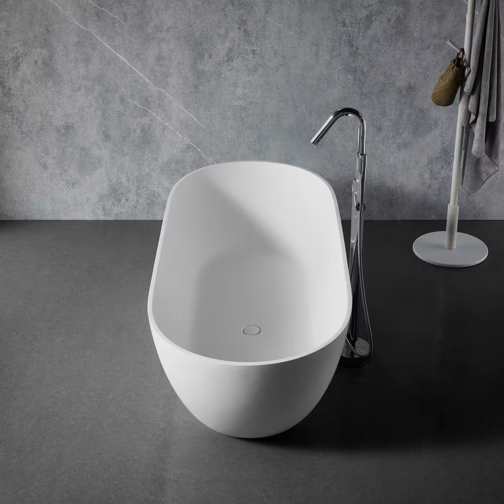 59 In. Stone Resin Flatbottom Solid Surface Freestanding Double Slipper Soaking Bathtub in White with Brass Drain