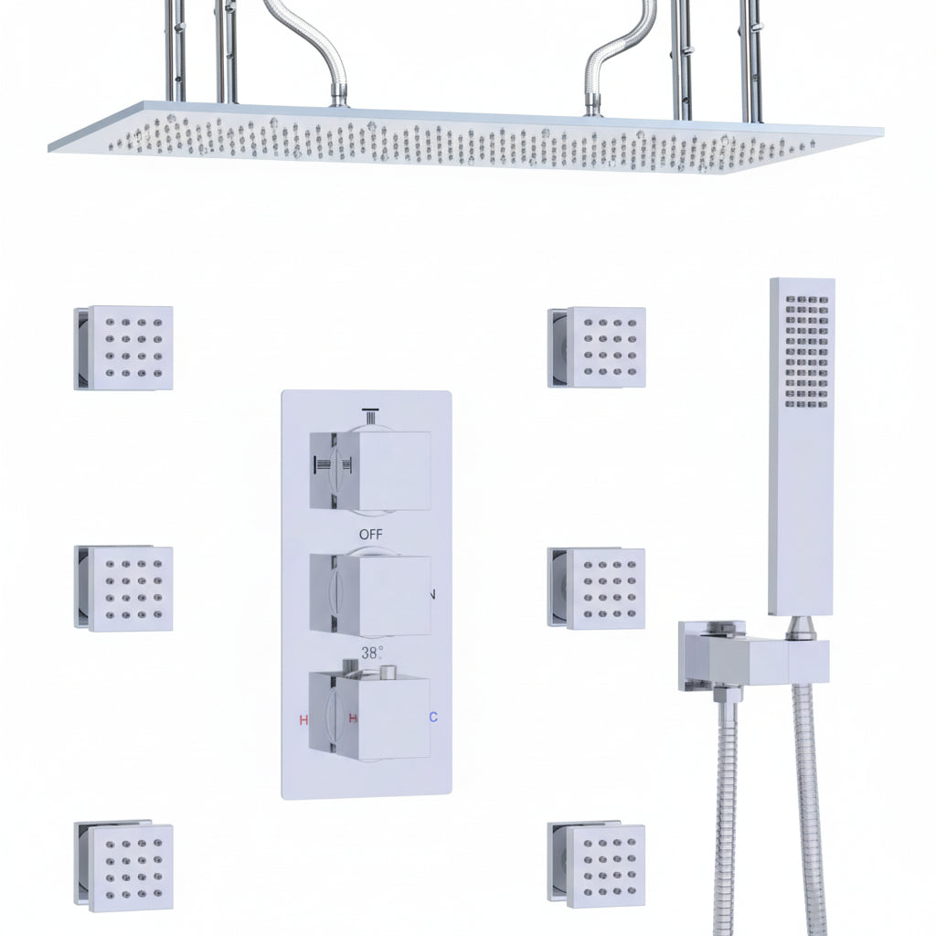 Luxury 15.7X31.5Inch LED Rainfall Shower Multi Shower Head Thermostatic Shower System with Body Spray, Chrome