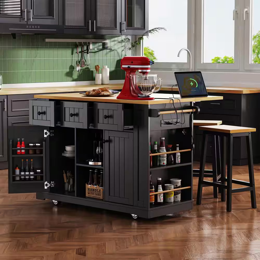 Black Wood 53 In. W Large Rolling Kitchen Island Set with Two Bar Stools