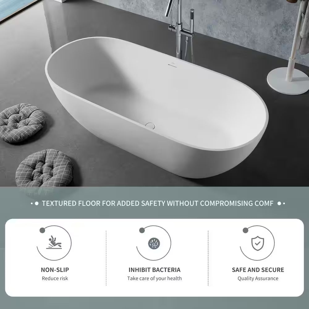 59 In. Stone Resin Flatbottom Solid Surface Freestanding Double Slipper Soaking Bathtub in White with Brass Drain