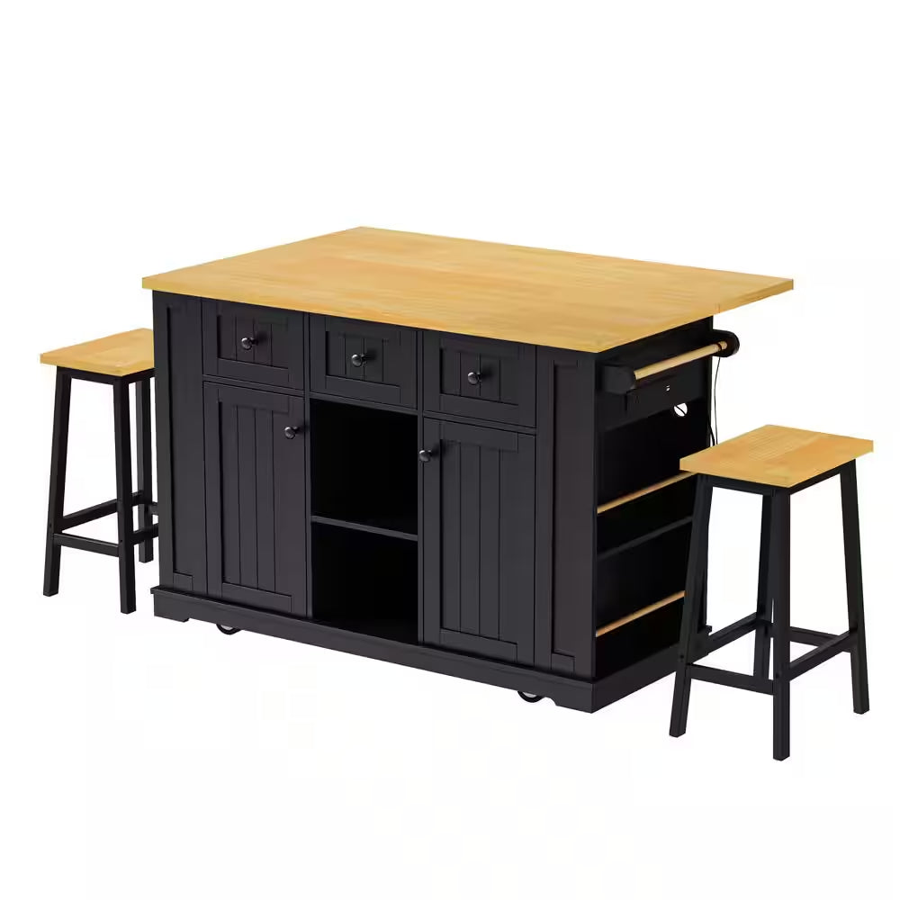 Black Wood 53 In. W Large Rolling Kitchen Island Set with Two Bar Stools
