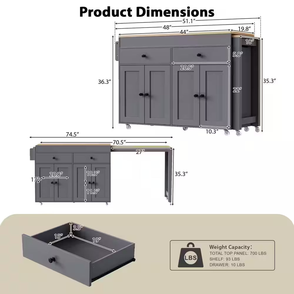 Gray Wood Top 74.5 In. Kitchen Island with Extendable Table, Hidden Wheels, and Ample Storage