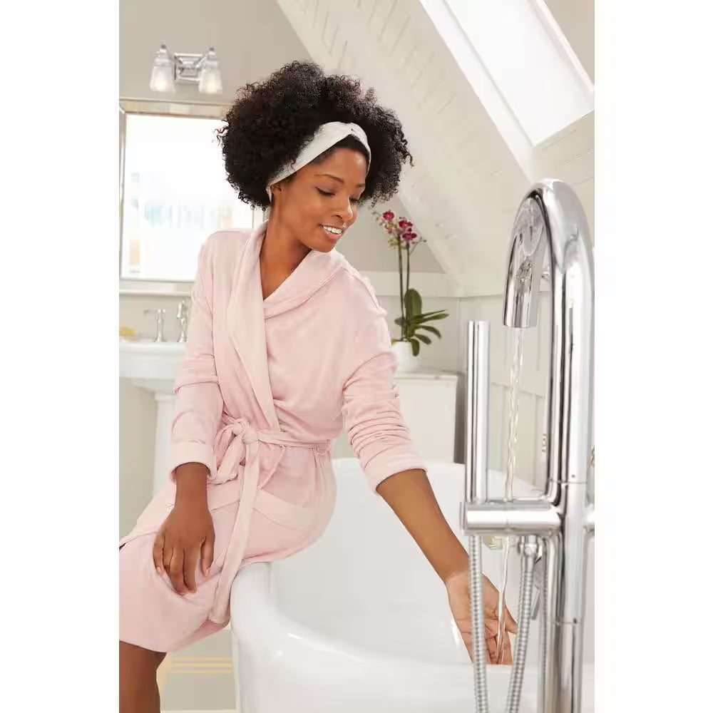 Contemporary round 1-Handle Freestanding Roman Tub Faucet for Flash Rough-In Valve with Hand Shower in Polished Chrome