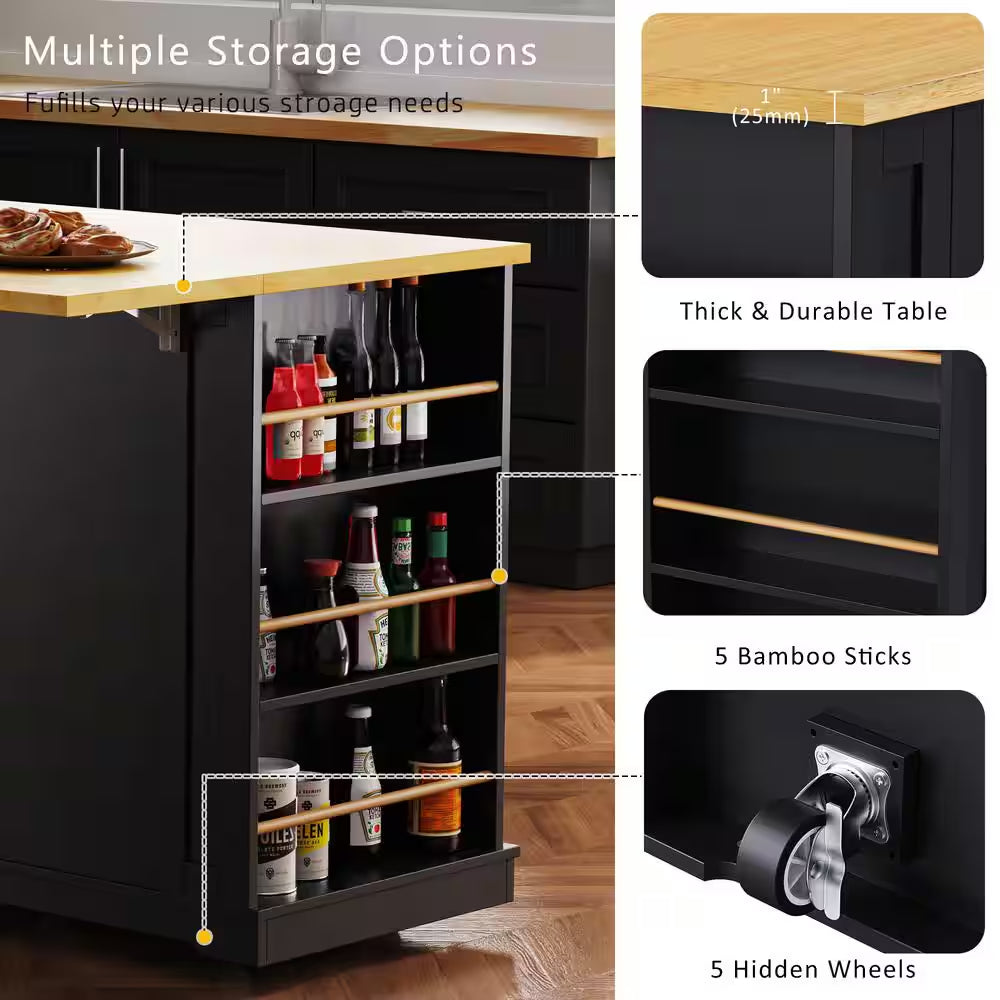 Black Wood 53 In. W Large Rolling Kitchen Island Set with Two Bar Stools