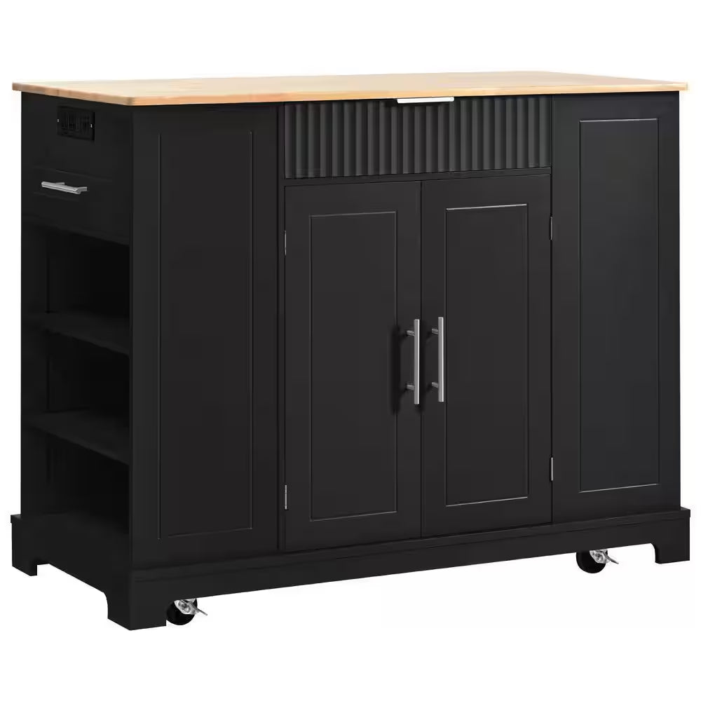 Black Wood 48.5 In. Kitchen Island with 2 AC Outlets, 1 USB Port, and 1 Type-C, Kitchen Cart with 3 Open Side Rack