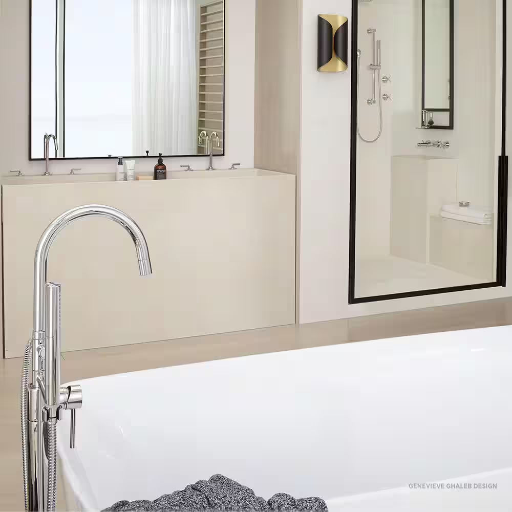 Contemporary round 1-Handle Freestanding Roman Tub Faucet for Flash Rough-In Valve with Hand Shower in Polished Chrome