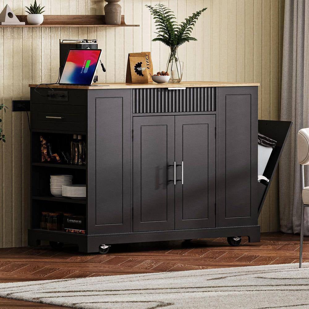Black Wood 48.5 In. Kitchen Island with 2 AC Outlets, 1 USB Port, and 1 Type-C, Kitchen Cart with 3 Open Side Rack