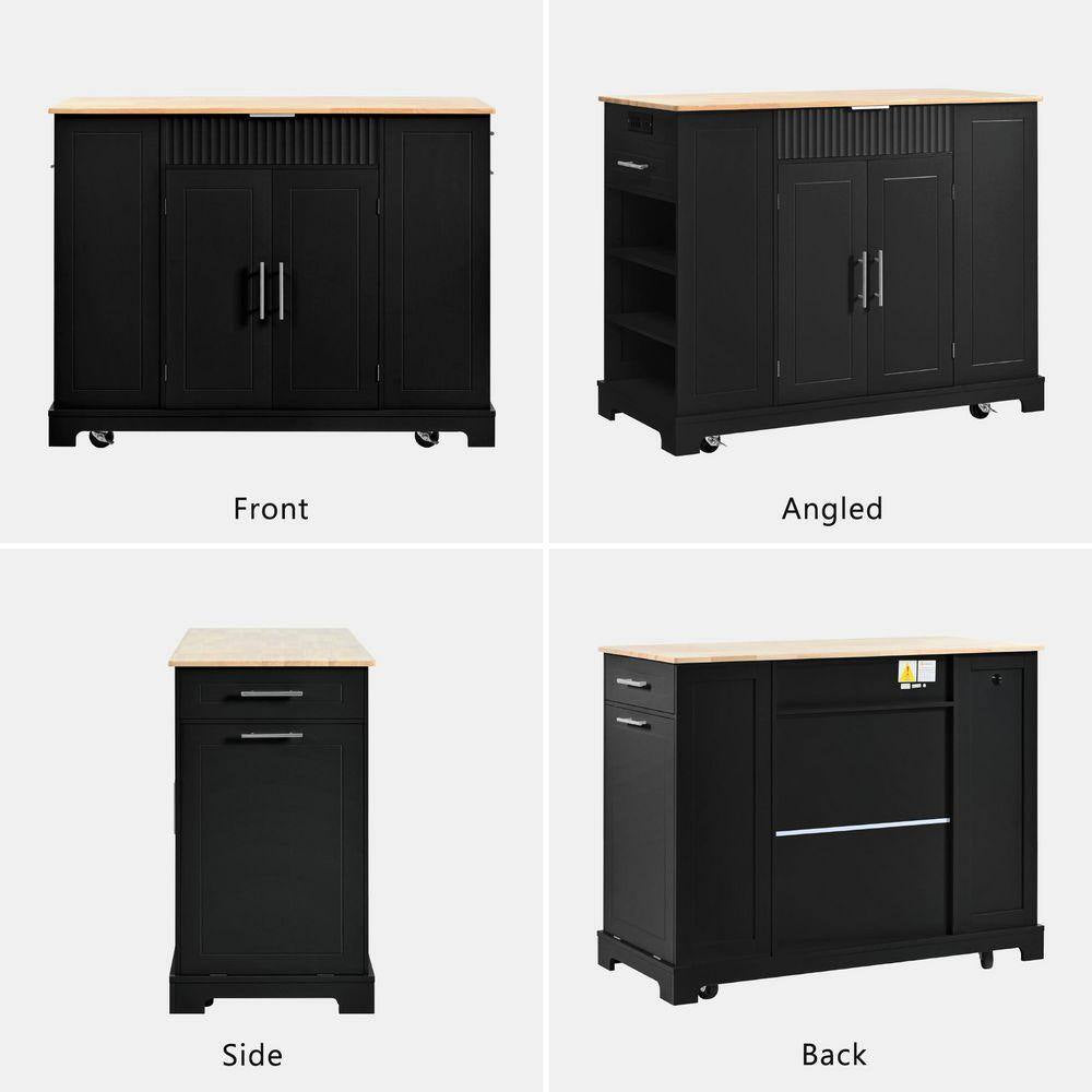 Black Wood 48.5 In. Kitchen Island with 2 AC Outlets, 1 USB Port, and 1 Type-C, Kitchen Cart with 3 Open Side Rack