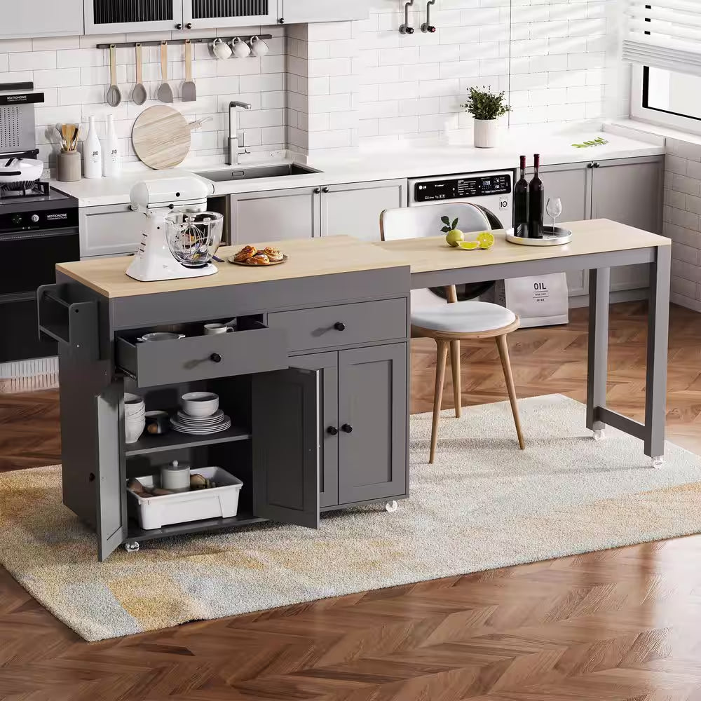 Gray Wood Top 74.5 In. Kitchen Island with Extendable Table, Hidden Wheels, and Ample Storage