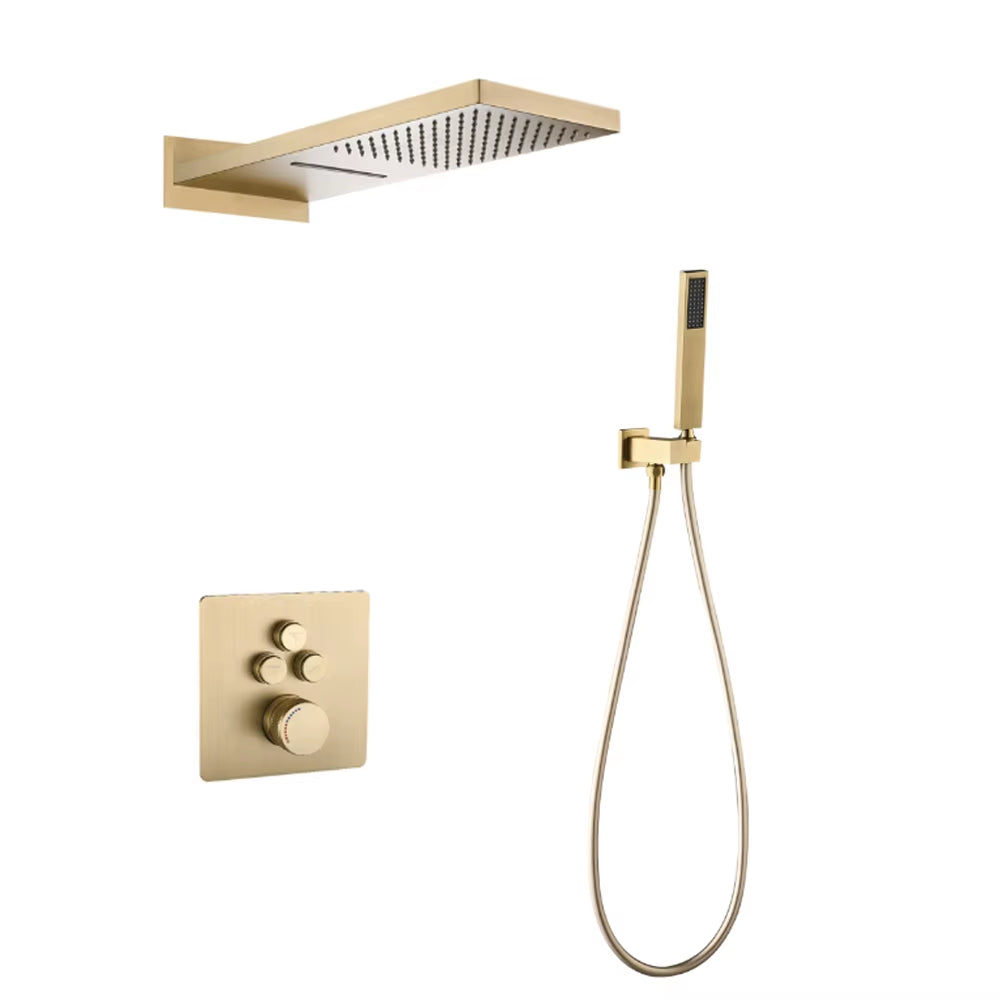 Gray Hidden Shower System Bathroom Full Copper Shower Faucet Set Waterfall Embedded Shower Tap Rainfall Concealed Mixer Crane