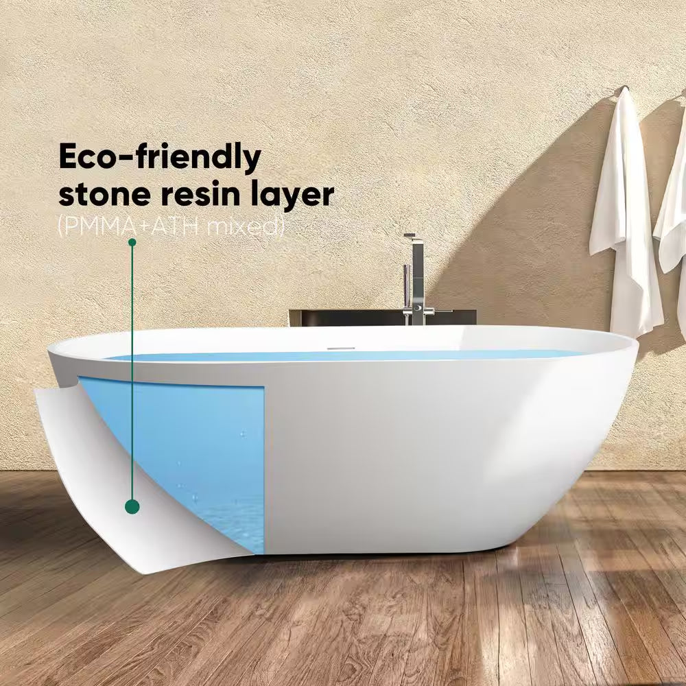 Moray 59 In. X 30 In. Solid Surface Stone Resin Flatbottom Freestanding Double Slipper Soaking Bathtub in Matte White