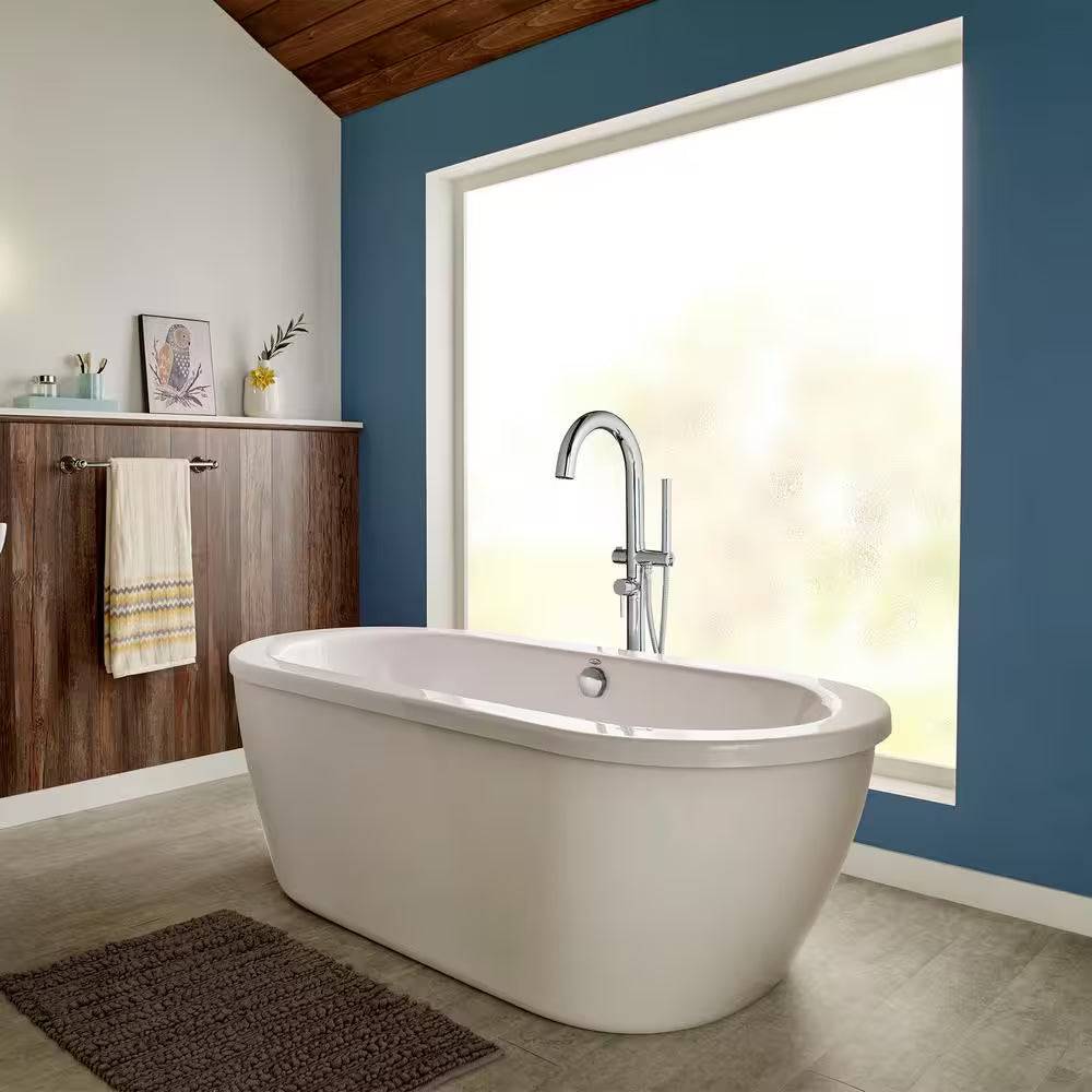 Contemporary round 1-Handle Freestanding Roman Tub Faucet for Flash Rough-In Valve with Hand Shower in Polished Chrome