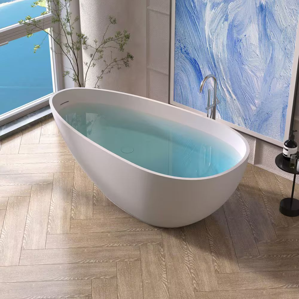 Foyil 59 In. X 31 In. Solid Surface Stone Resin Flatbottom Freestanding Bathtub Soaking Bathtub in Matte White