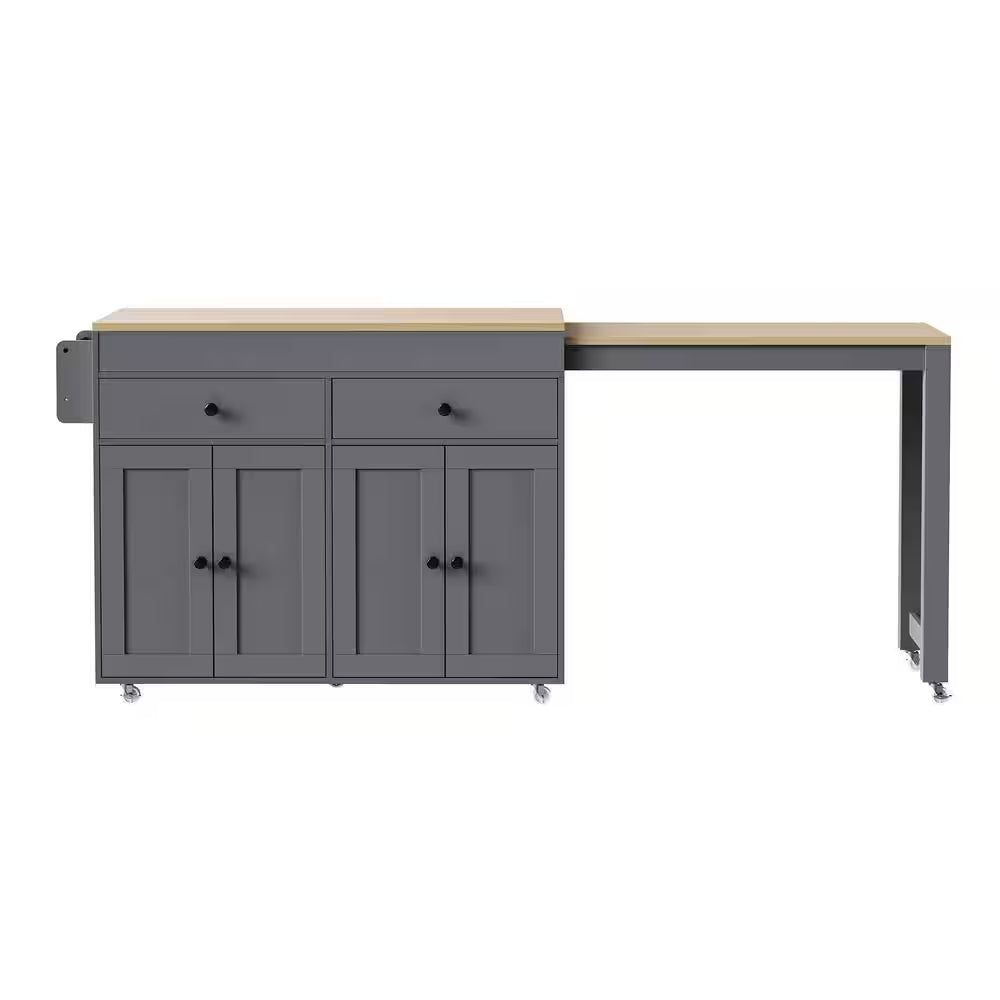 Gray Wood Top 74.5 In. Kitchen Island with Extendable Table, Hidden Wheels, and Ample Storage