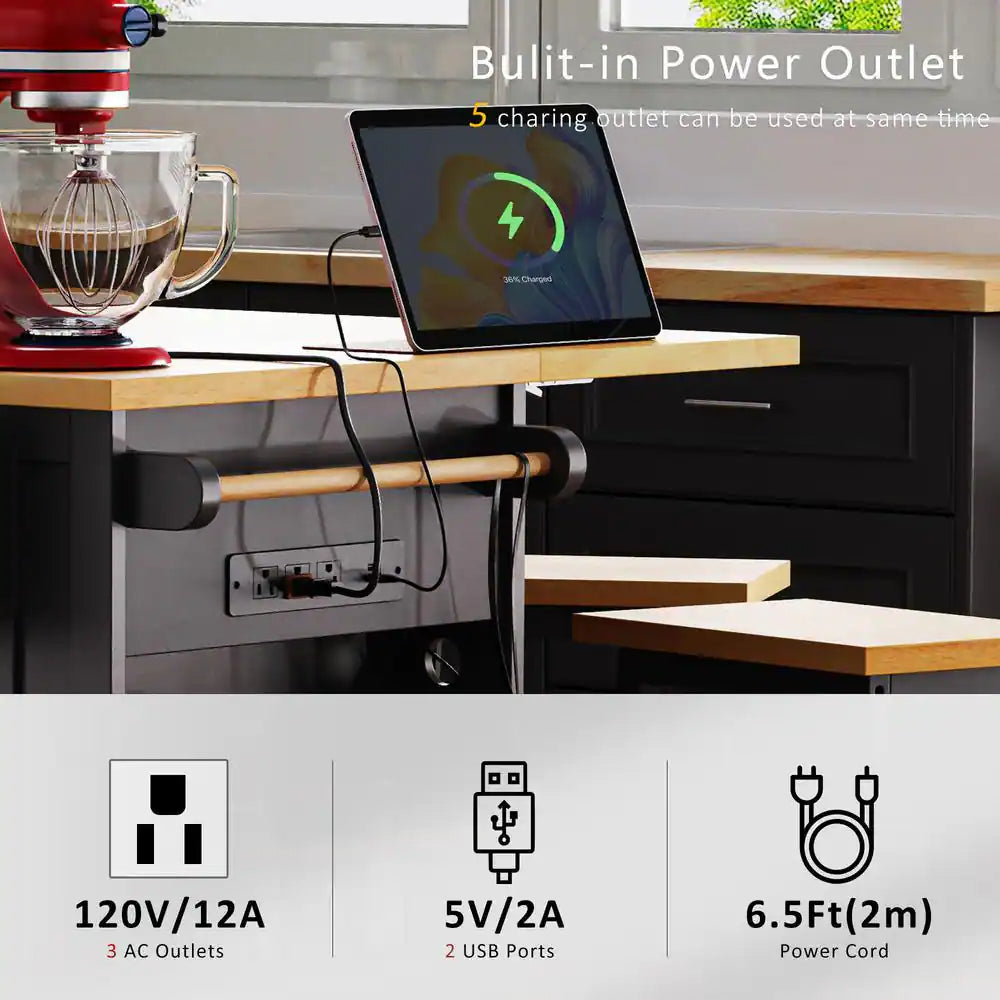 Black Wood 53 In. W Large Rolling Kitchen Island Set with Two Bar Stools